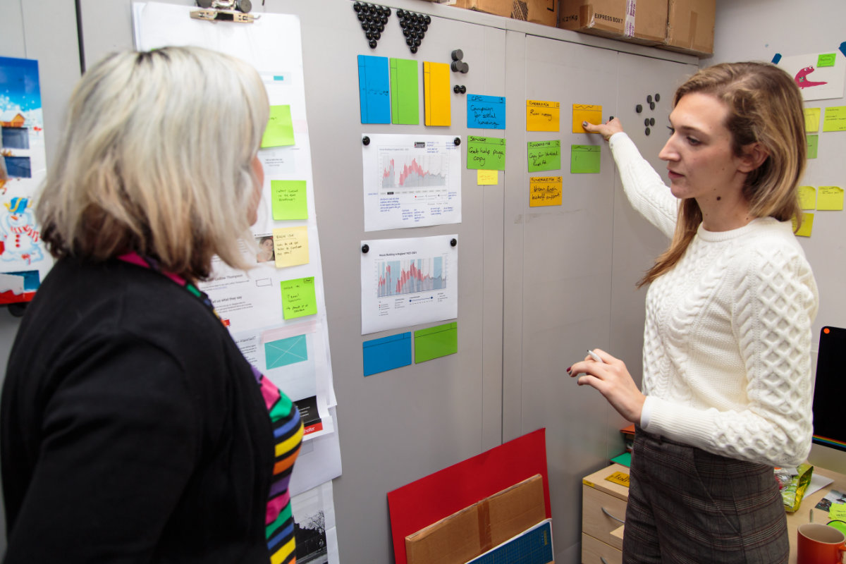 Two women standing in front of a board with post-it notes and diagrams.