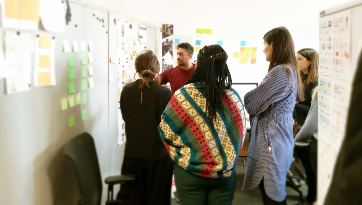 Five people in a digital product stand-up, looking at a board with diagrams and post-it notes.