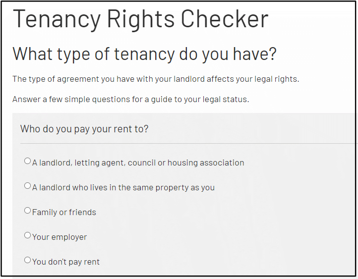 Screen shot of Shelter's tenancy rights checker