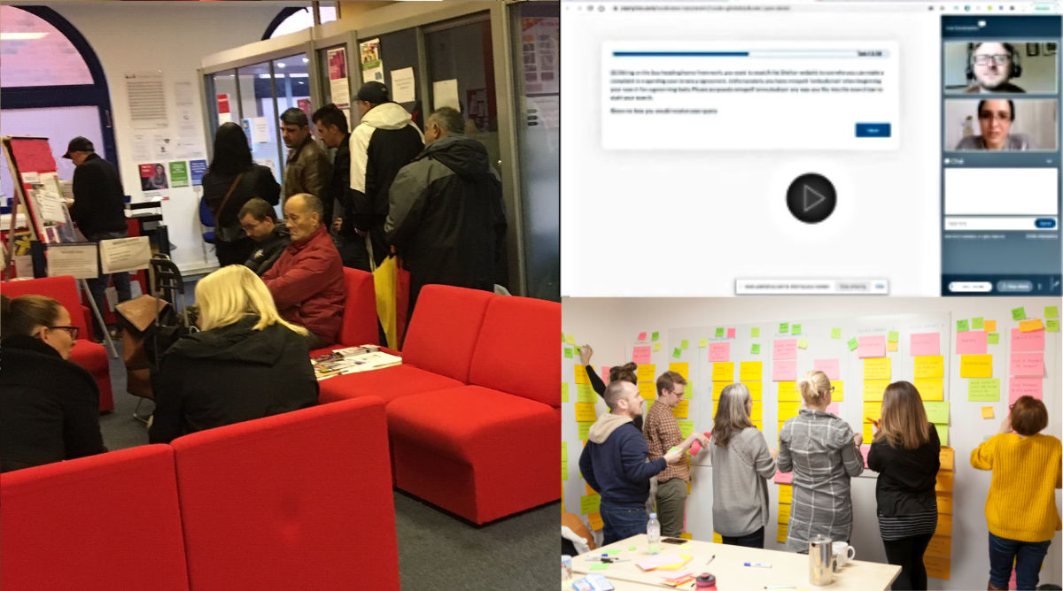 3 images of user research, showing on-location interviews, a computer screen of remote user testing, and people taking part in a card-sorting exercise.