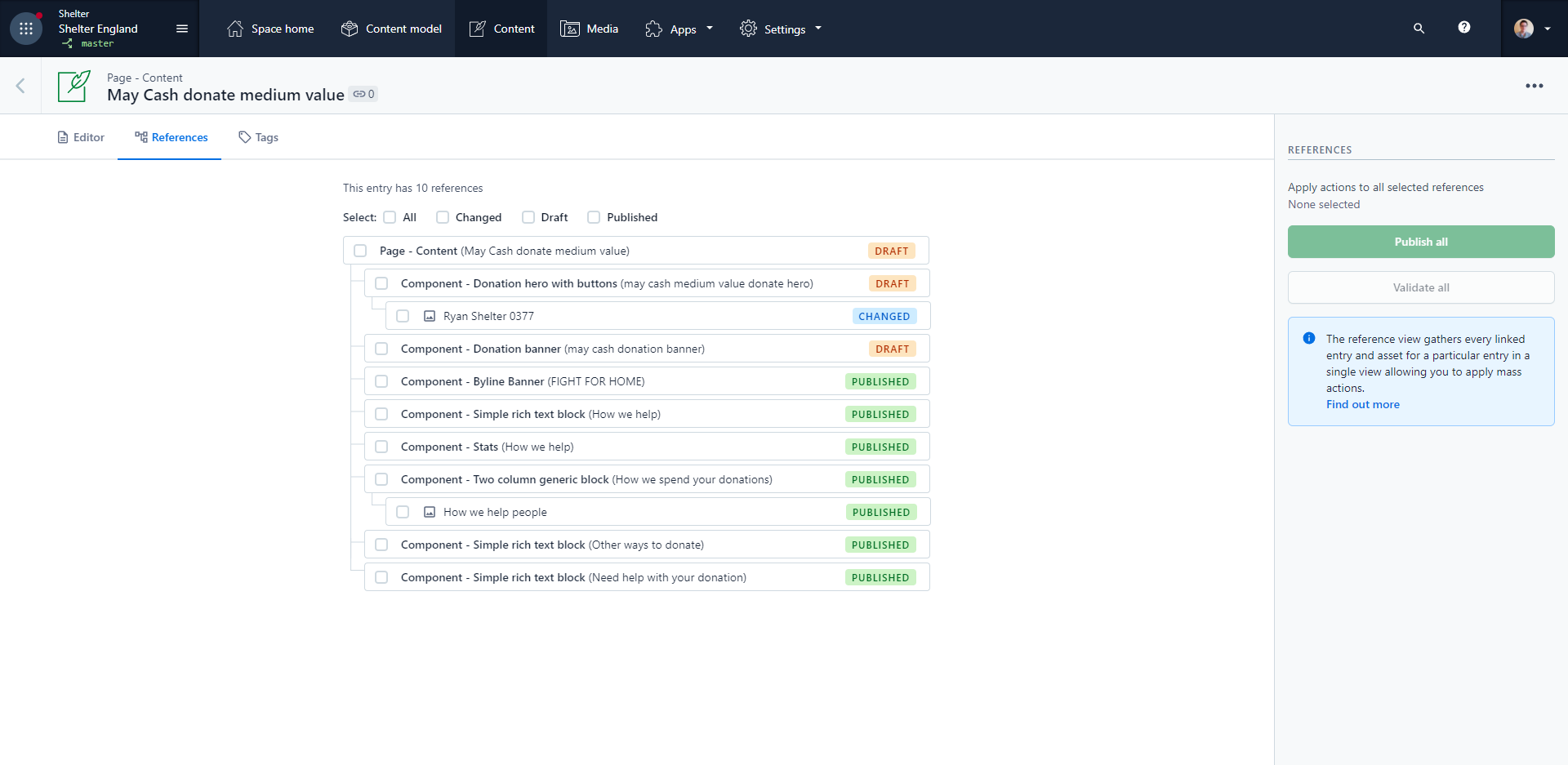 List of all sub-components and allow you to see all of their publish statuses and publish them all at once using the Publish all button