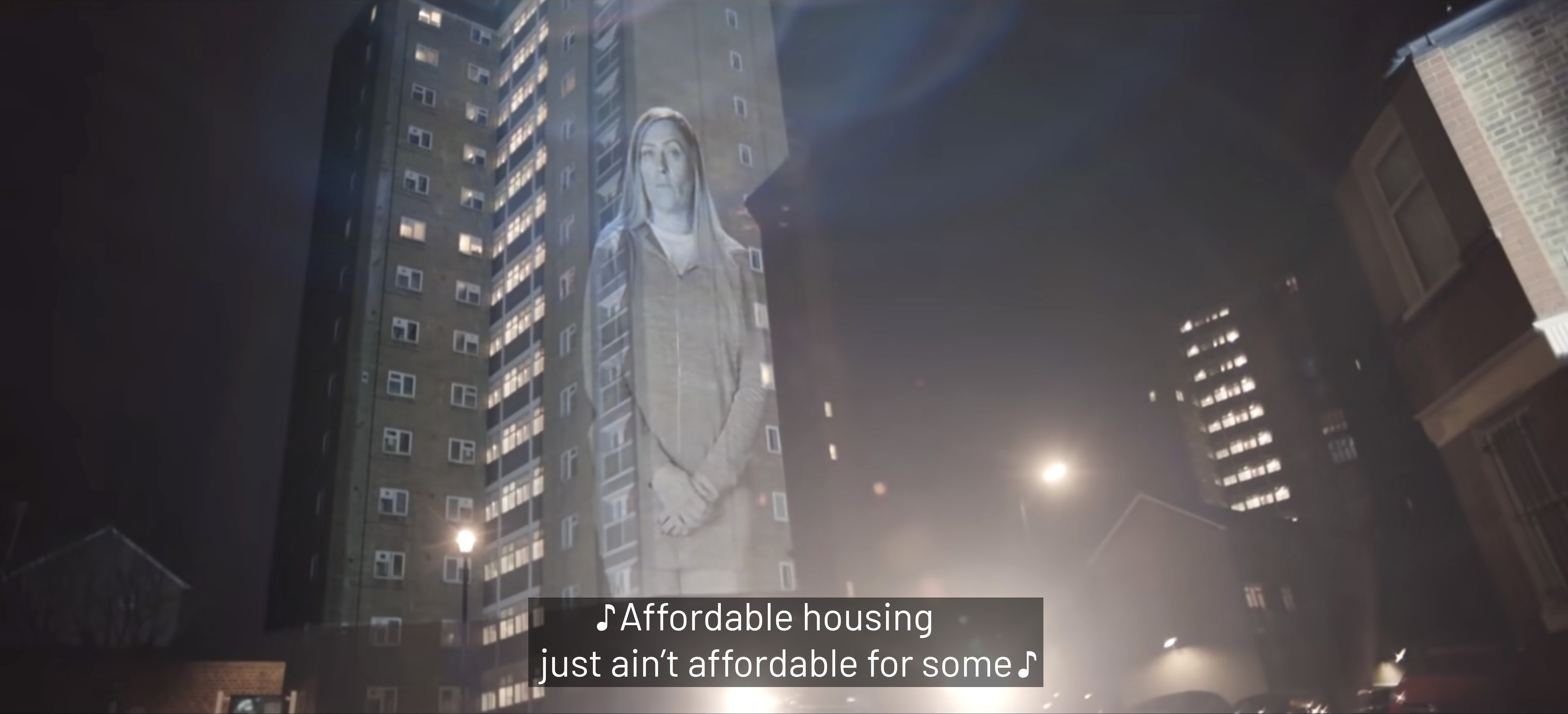 Video still from Fight for Home, the Shelter brand campaign film, showing music notation wrapping around the subtitles
